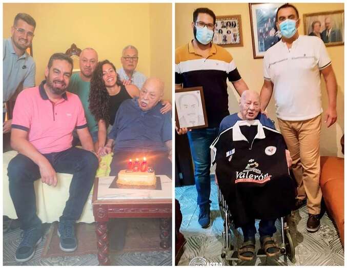 El concejal Diego Ojeda junto a Quico Monzón y familiares I) y directivos del Castro Morales con el histórico deportista/TA.